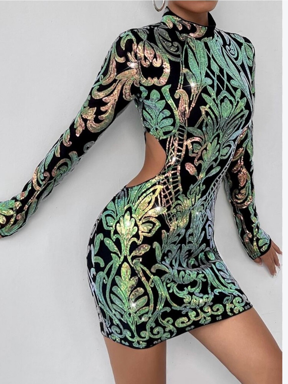 Black Baroque Floral Sequin Bodycon Mini Dress - Iridescent Accents